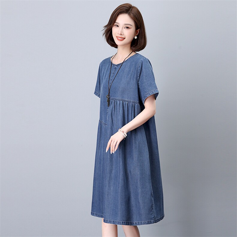 时尚显瘦牛仔连衣裙女夏季新款宽松大码短袖裙子,女装连衣裙,悦见她
