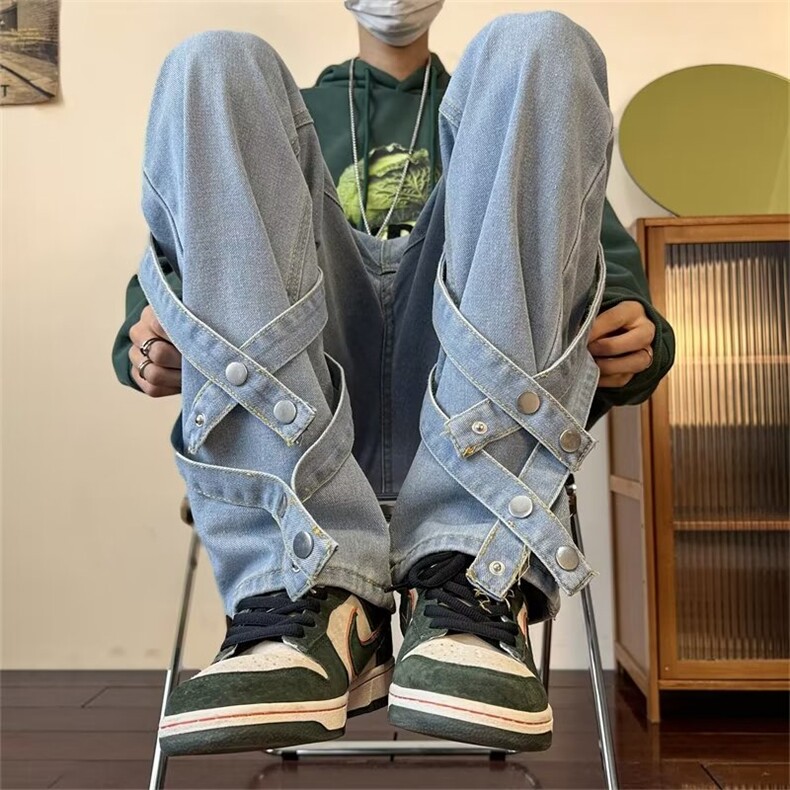高街设计感潮牌绑带阔腿牛仔裤男ins复古水洗宽松直筒B8066P45,男装牛仔裤,星座1116-2