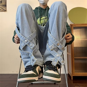 高街设计感潮牌绑带阔腿牛仔裤男ins复古水洗宽松直筒B8066P45