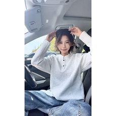 抖音得物品质美式高街重磅曼巴棉拼接cleanfit亨利领卫衣长袖T恤，男装T恤，电商A486-1