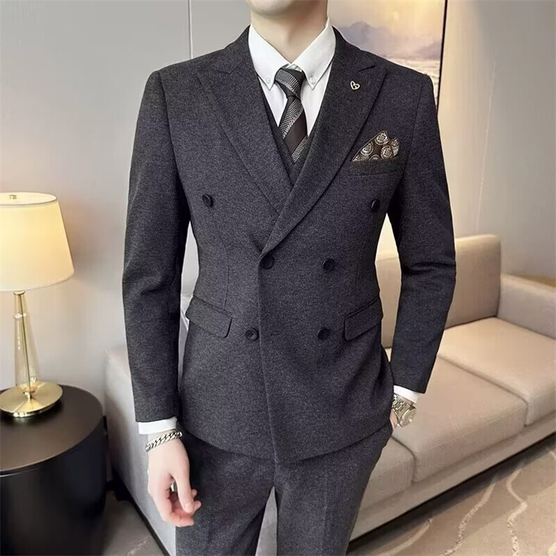 意式双排扣西服套装男士戗驳领黑色商务婚礼宴会西装外套,男装西服套装,星座506A