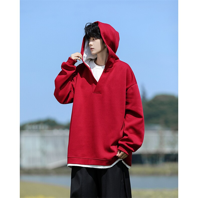 8XL-M叠穿假两件卫衣重磅连帽V领拼接套头衫宽松大码外套WY006P65,男装卫衣,电商B312