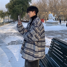 毛呢格子大衣男冬季加厚复古潮牌韩系小众呢子夹克外套F320，男装毛呢大衣，电商A152