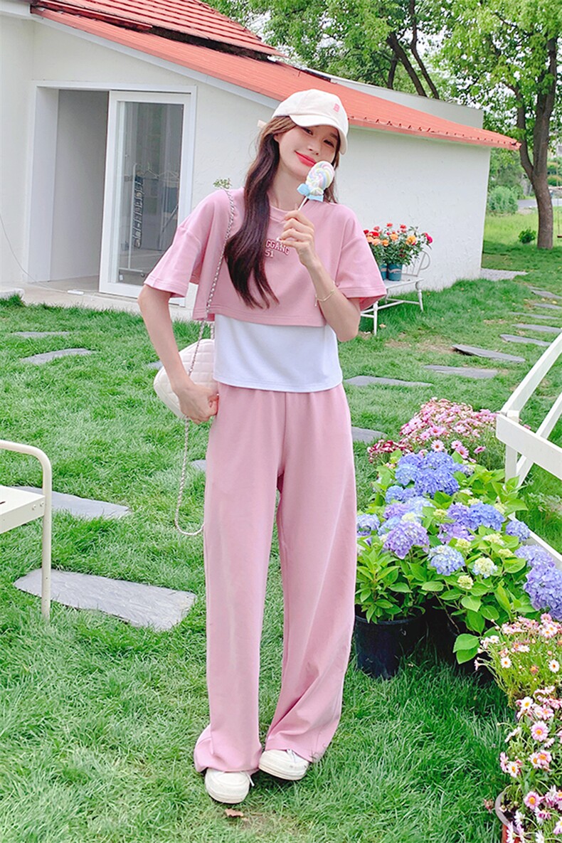 韩版甜美减龄假两件T恤套装女2025夏季新款宽松显瘦阔腿裤两件套,女装套装/套裙,2C052