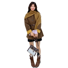 新款！冬装围巾+腰带撞色毛呢大衣外套2C133-8983-P195-K278，女装毛呢外套，2C133