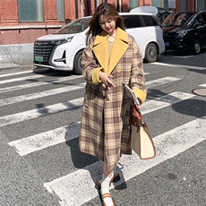 撞色拼接格纹毛呢外套女冬季新款复古英伦风宽松过膝西装呢大衣潮，女装毛呢外套，浙宝276（原081）