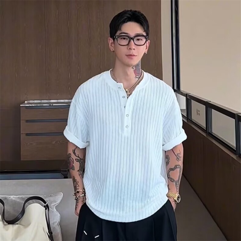 复古亨利领坑条针织短袖男女宽松休闲肌理感美式T恤上衣潮流慵懒,男装T恤,星座302B