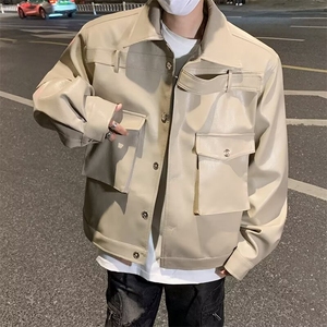 男皮衣工装大口袋织带皮夹克垫肩外套JK0059 P80图片