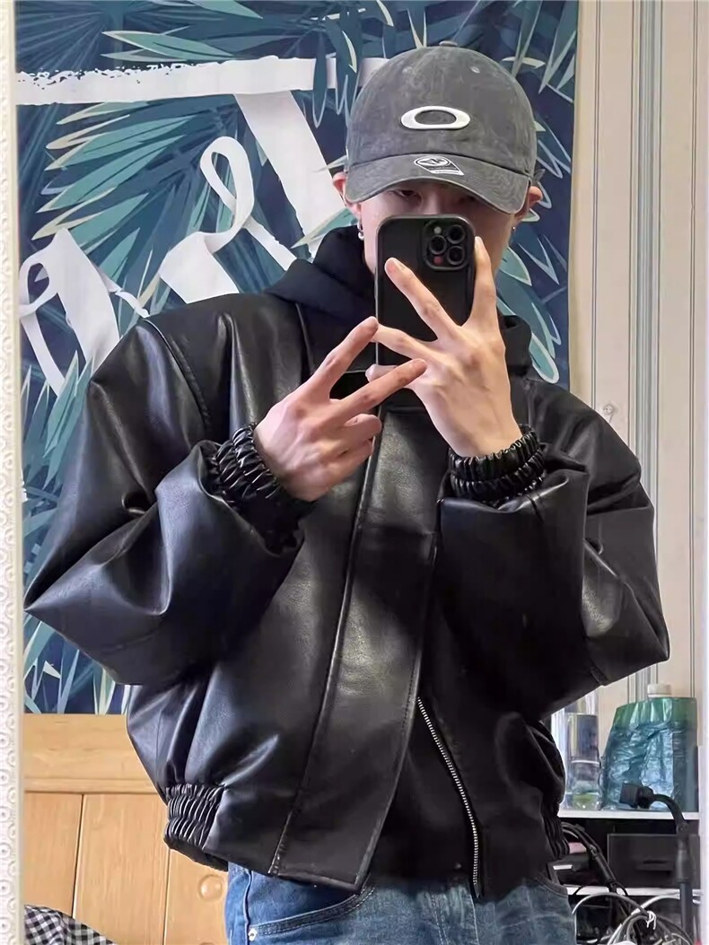 春季美式复古cleanfit短款垫肩皮衣外套男宽松PU皮夹克L73200-p66,男装夹克,星座1008