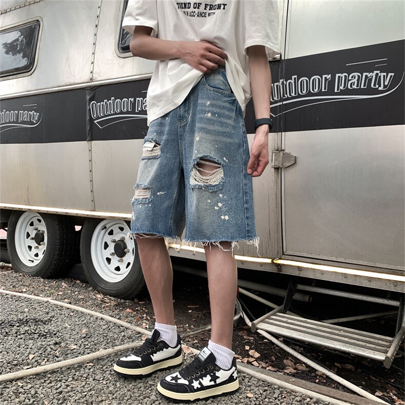 夏季大码宽松泼墨油画毛边时尚破洞短款短裤牛仔裤男高街得物,男装牛仔裤,星座301D-4(原星座1004-4）