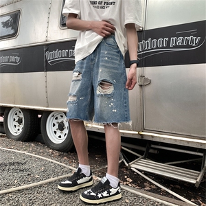 夏季大码宽松泼墨油画毛边时尚破洞短款短裤牛仔裤男高街得物图片