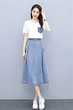 2021夏季新款简约时尚气质减龄圆领牛仔半身裙两件套，女装套装/套裙，天丝秀