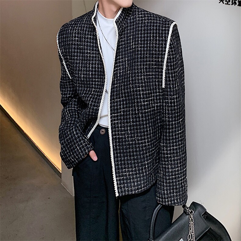 立领小香风珍珠设计感千鸟格宽松西服X13/P70降，男装西服，电商A243