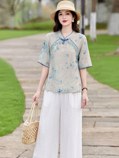 现货秒发新中式套装绣花女夏季新款气质显瘦复古盘扣两件套阔腿裤，女装套装/套裙，韩蔻秀