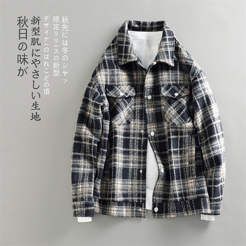特P58无差价春季新款日系原宿小香风格子翻领夹克男大码外套J606图片