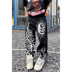 涂鸦骷髅印花复古牛仔裤男女同款潮牌小众街头嘻哈直筒宽松长裤春