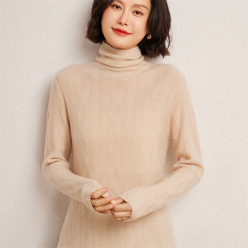 秋冬季35%羊绒65%羊毛休闲百搭12针全身菱形堆堆领羊绒衫,女装羊绒衫,广悦羊绒