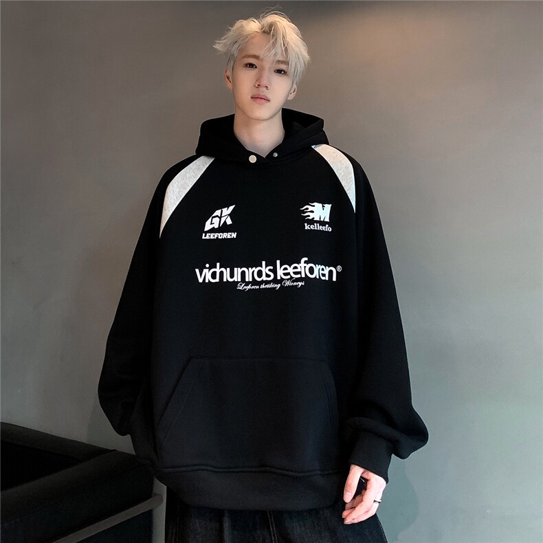 撞色黑白拼接字母印花连帽卫衣男女重磅秋冬美式外套W91-P78,女装短外套,电商C307