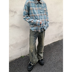 B221！美式ins高街暗黑小众毛边格子衬衫SY2320-P65控88，男装衬衫，电商B221