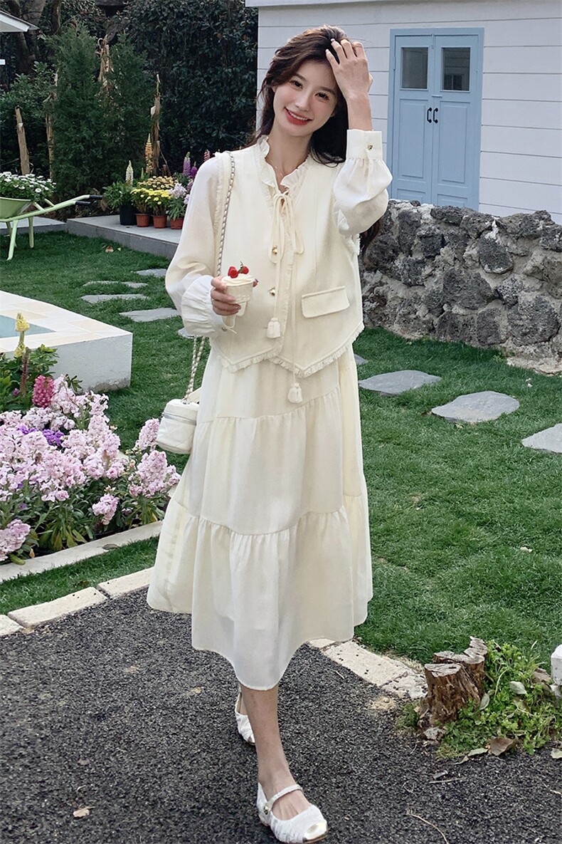两件套春季挂脖款长袖纯色连衣裙甜美法式复古裙子小香风春秋显瘦,女装套装/套裙,浪娴服饰