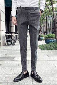 7631-P55加绒60 2021春秋条纹休闲裤西裤男士英伦风西装长裤子图片