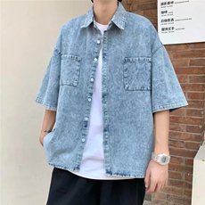 七分袖牛仔衬衫男宽松港风夏季新款痞帅短袖衬衣外套-N4071，男装衬衫，星座601-2