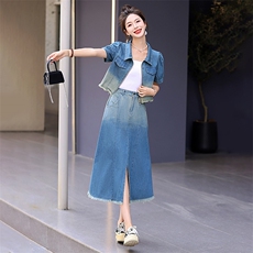 港风渐变牛仔套装女2025夏季新款休闲设计感别致时尚半身裙两件套，女装套装/套裙，韩美纤衣