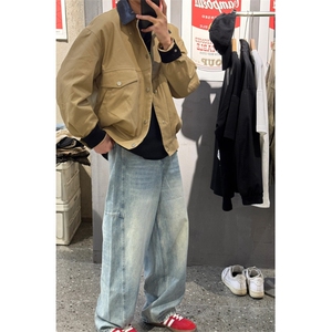复古工装风PU皮拼接牛仔外套男女2025春秋新款休闲短款夹克上衣图片