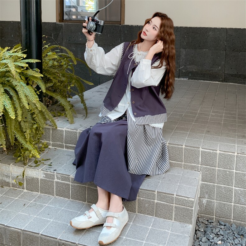 藏青色马甲衬衫半身裙套装女夏2025新款学院风森系巨好看三件套,女装套装/套裙,2D014