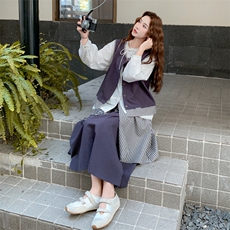 藏青色马甲衬衫半身裙套装女夏2025新款学院风森系巨好看三件套，女装套装/套裙，2D014