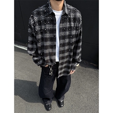 满天星重工烫钻衬衫男长袖美式复古宽松格子衬衣外套CSCS25003P95，男装衬衫，星座512-1（原513-3）