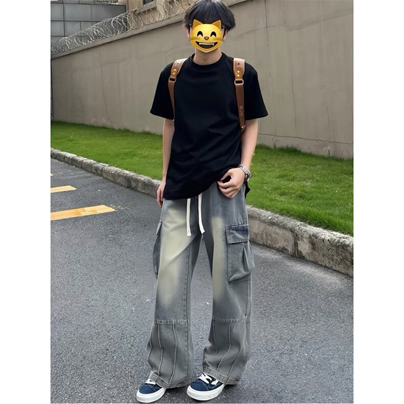 现货 春季阔腿裤子男水洗复古大口袋工装牛仔裤-A1158P55控88图片