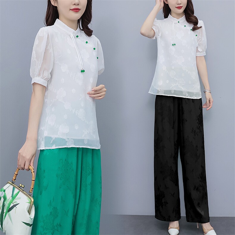 芷墨新款复古新中式简约日常改良汉服盘扣上衣裤子俩件套套装女装,女装套装/套裙,芷墨服饰