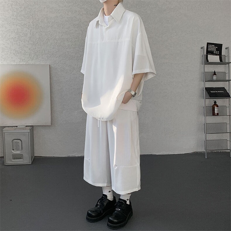 TZ778-特P55 控98 夏季冰丝七分裤短袖衬衫大码T恤套装图片