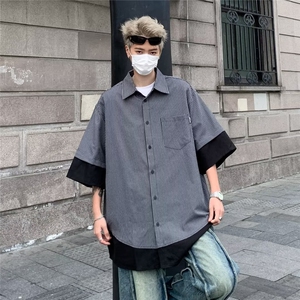 夏季新款男装复古休闲条纹短袖衬衫翻领清新潮流衬衣 C5103图片