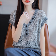 2025夏季新款V领亚麻纽扣无袖T恤针织背心女流苏老钱风设计感上衣，女装针织衫/毛衣，源达羊绒