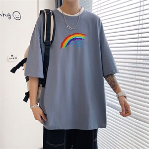 2024夏季新款宽松大码港风oversize彩虹运动短袖纯棉T恤T1902-P22，男装T恤，星座508（原C305）