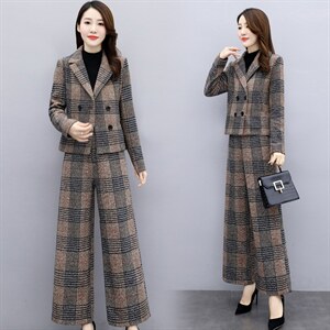 2024新款女装冬两件套裤大码格子毛呢外套阔腿裤休闲时尚套装女潮，女装套装/套裙，香莘料