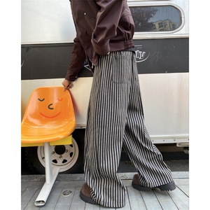美式复古竖条纹裤子男女春秋bf慵懒风拖地裤松弛感宽松垂感阔腿裤图片