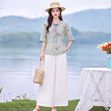 现货主推休闲时尚短袖套装女新款穿搭一整套新中式刺绣两件套，女装套装/套裙，韩蔻秀
