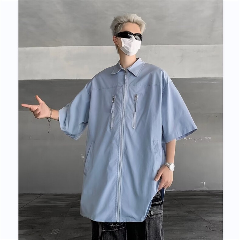 天蓝垫肩短袖衬衫设计感高级cleanfit街头风半袖衬衣男CY829-P38,男装衬衫,星座412-2