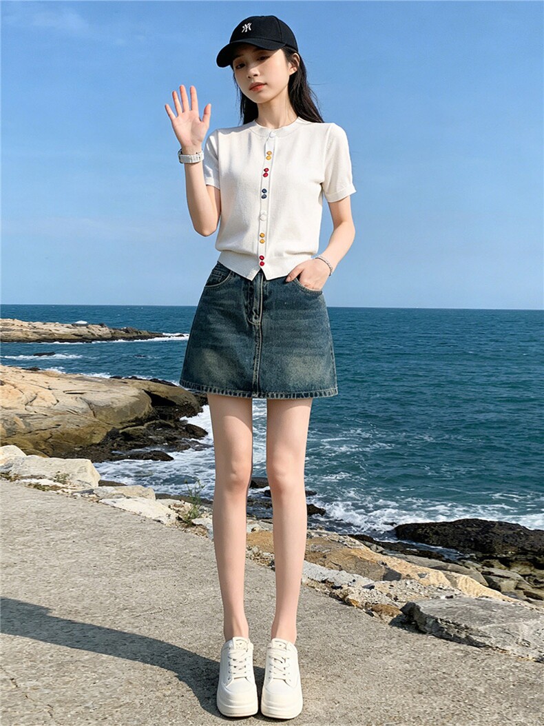 夏季新款时尚休闲简约套装宽松显瘦圆领彩色纽扣上衣牛仔裙两件套,女装套装/套裙,江南