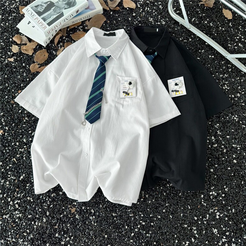 W426-P40 复古衬衫夏装港风宽松小众设计感新款上衣链条领带图片