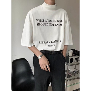英文印花半高领短袖t恤男女夏季ins半袖修身韩版T恤上衣 T004图片