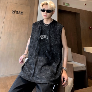美式做旧水洗反光满天星无袖T恤坎肩背心宽松男潮牌BX03-特P28图片