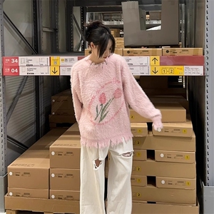 奶呼呼软糯水貂绒毛衣女秋冬加厚外穿宽松慵懒风圆领套头针织上衣图片
