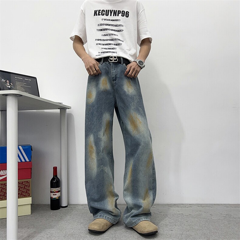 美式高街慵懒宽松裤子男设计感高级感废土风泼墨牛仔裤N708-P50,男装牛仔裤,星座308B-1