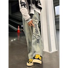 复古蓝字母印花微喇牛仔裤男春秋高街裤子直筒修身阔腿裤NS6078，男装牛仔裤，星座1116A（原606A-3）