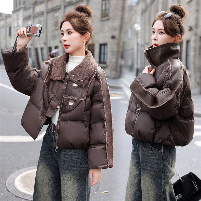 欧货羽绒服女短款2025冬季新韩系小个子仿羊羔毛绒领拼接白鸭绒外套,女装羽绒服,意芙