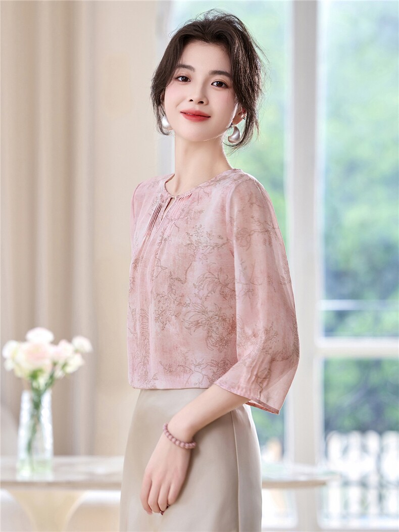 时尚轻奢高级感真丝衬衫女2025夏装新款03双绉桑蚕丝上衣印花小衫,女装衬衫,阿舍尔精品
